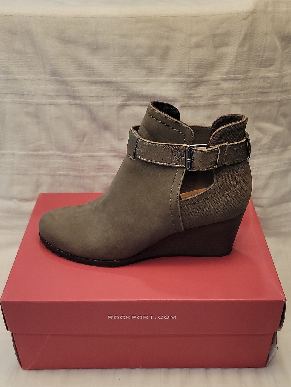 Cobb Hill By Rockport Olive-Taupe Wedge Ankle Boot with Buckle Strap